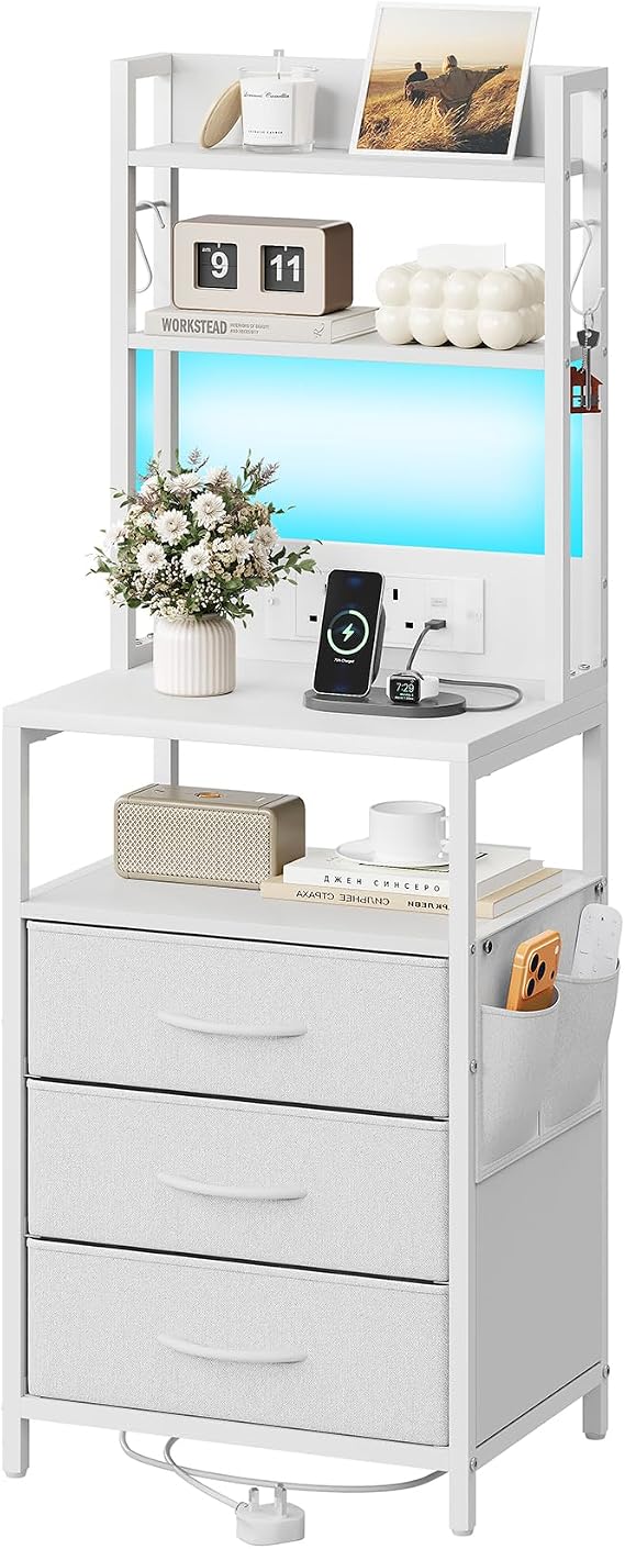 Dripex LED Bedside Table with Charging Station, 3 Fabric Drawers, White