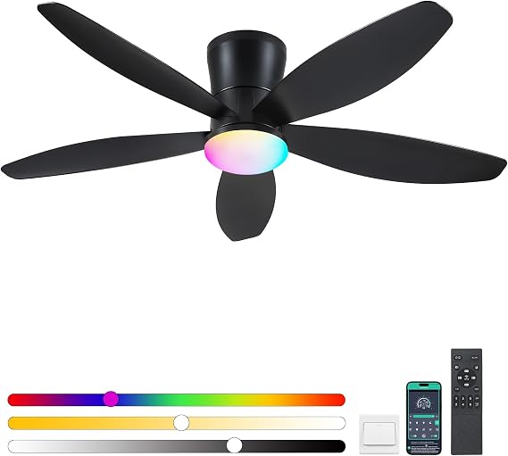 Surtime Recessed Ceiling Fan, RGB Ceiling Fan, 48 Inch Low Profile with Light and Remote Control/APP, Reversible, Dimmable LED Ceiling Fans in Black