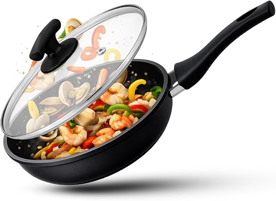 Non-Stick Frying Pan with Lid – 24cm / 28cm | Induction Compatible Deep Fry Pan for Cooking | Aluminium Non-Stick Skillet with Glass Lid, Soft-Touch Handle, Dishwasher Safe Saute Pan With Lid (28cm)