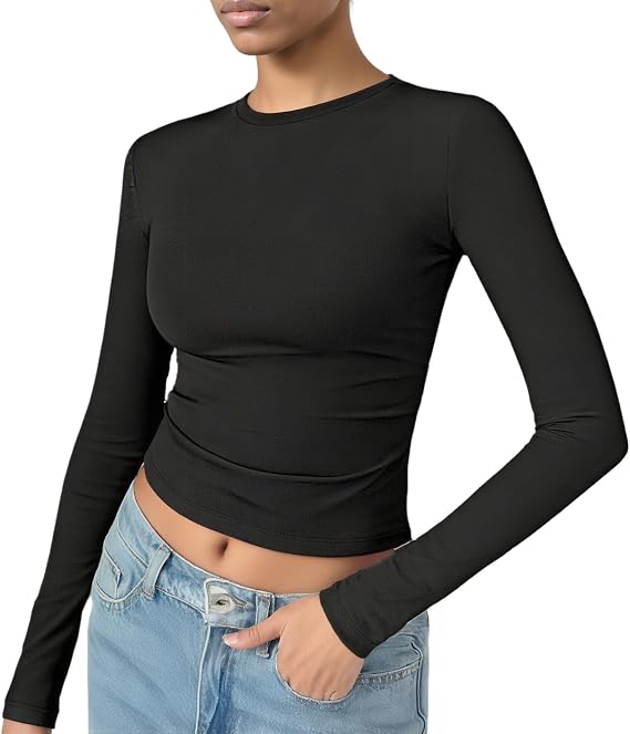 Womens Long Sleeve Basic Tops Crew Neck Thermal Shirts Stretch Fitted Underscrubs Layer Tee Black XXS-L