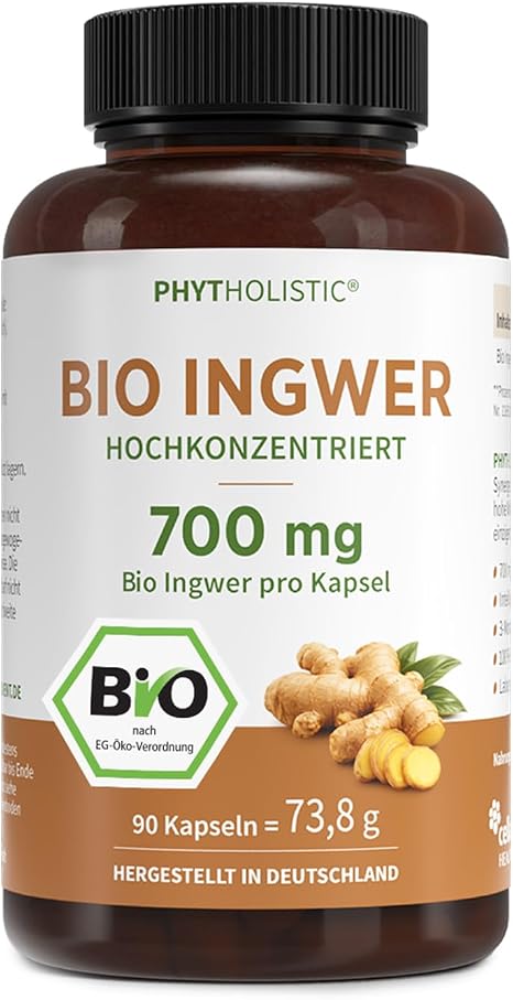Organic Ginger Capsules - High Dose 700 mg Ginger Powder per Day - Only 1 Capsule Daily - 3-Month Supply - Organic & Vegan - No Gelatin and Fillers - Made in Germany PHYTHOLISTIC®