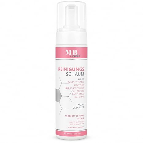 MB Cosmetics Cleansing Foam 200 ml with Hyaluron Organic Rose Water Organic Aloe Vera - Deep Pore Cleaning with Vegan Face Cleanser. Make Up Remover with Mild Surfactants Allantoin and Panthenol