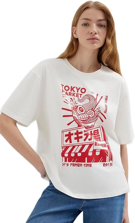 Tokyo Baskılı Ekru Tişört Loose Fit/Bol Rahat Kesim 1614004-25705