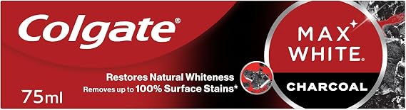Colgate Max White Charcoal Toothpaste 75ml - Teeth whitening Toothpaste - Clinically Proven Formula - Removes up to 100% of Surface Stains - Activated Charcoal and Mineral Micro-Particles
