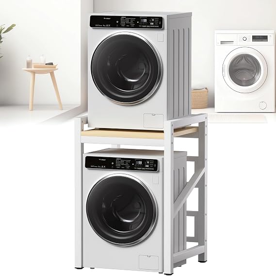 Washer Dryer Stand Stacking Kits, Height Adjustable Tumble Dryer Stand, Stacking Kit with 400KG Load Capacity for Balcony Laundry (White, 63D x 73W x 105H centimetres)