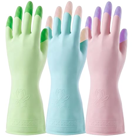 Dishwashing Gloves Reusable 3 Pairs Household Gloves Waterproof Rubber Gloves Long with Non-Slip Handle Cleaning Gloves for Kitchen Bathroom Sinking Garden L