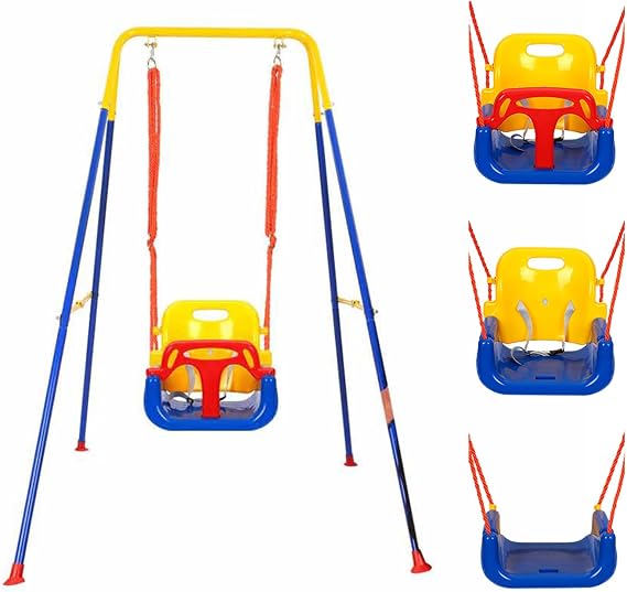 Toddler Swing Set 3-in-1 Baby Swing Seat for Kid with Foldable Metal Stand, Removable Guardrails and Backrest, for Garden, Backyard, Indoor and Outdoor
