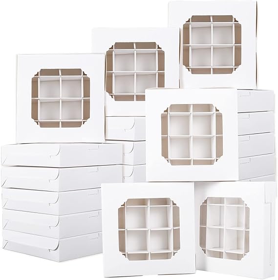 20PCS Sweet Boxes Empty Chocolate Boxes with Inserts and Window Pick 16 Compartments Mix Cupcake Truffles Containers Cake Packaging Divider for Wedding Gift Favour Boxes