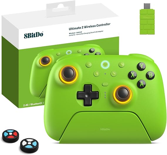 8Bitdo Ultimate 2 Wireless Controller für PC/Android/Apple/Steam, TMR Joystick Update, Lange/Kurze Triggersperren, RGB-Feuerring, Kabellose 8Speed Technologie, 2.4G Gamepad mit Ladestation (GREEN)