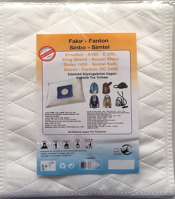 FAKİR - FANTOM - SİNBO - SİMTEL ile Uyumlu ELEKTRİKLİ SÜPÜRGE SENTETİK TOZ TORBASI (5 ADET)