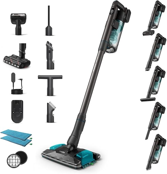 Philips Aqua Plus 8000 Serisi Kablosuz Dikey Süpürge, Süpürür Siler Temizlikte Süper, 360° Güçlü Emiş, Maksimum 80 dk, Saç Dolaşmasını Önleyici, Sert Zeminler ve Halılar İçin, LED Başlık (XC8156/10)