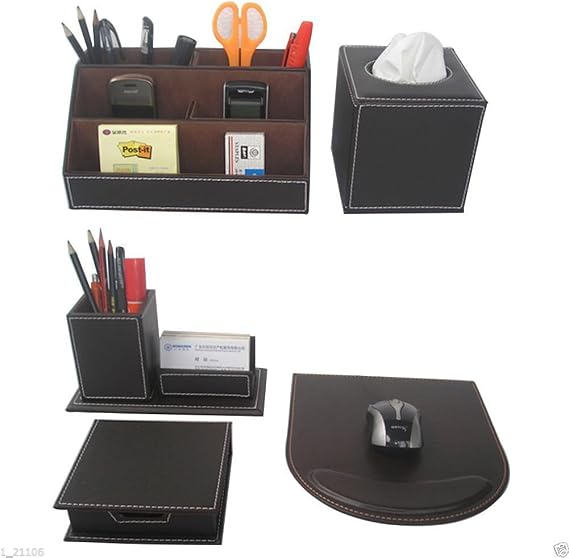 KINGFOM™ 5pcs Office Desk Organiser Set - Including 5 Storage Desk Organizer,Tissue Box, Mouse Mat, Memo Holder,Pen Holder with Business Card Holder Stand (T50-5-Brown)