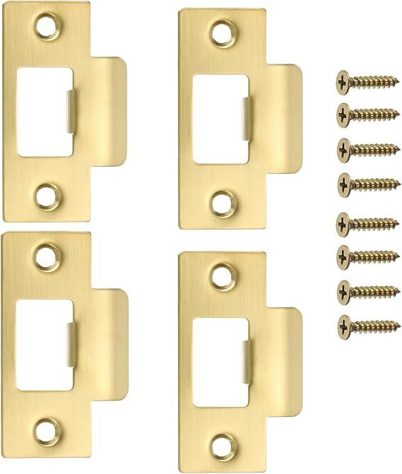 4pcs Golden Door Strike Plate,Stainless Steel Door Latch Plate,Standard Tubular Latch Replacement 70mm X 40.3mm for Door Frame Door Jamb Standard Strike Plates with Repair Screwings