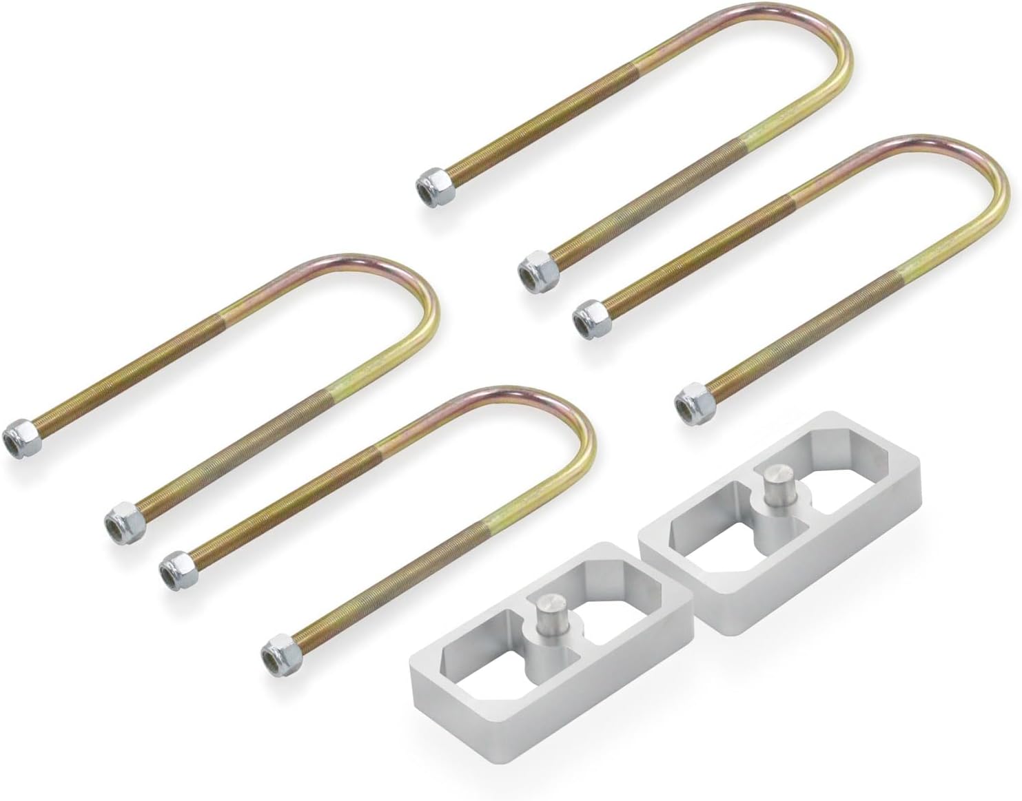 Universal leaf spring lowering block kit, 1", 2-1/2" wide, 5" long, zinc plated U-bolts, premium steel construction for a finish