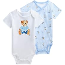 Polo Ralph Lauren Baby Polo Bear Cotton Bodysuit 320-864914 320-864914 White Blue Polo RALPH LAUREN Boys Girls Ralph Bear Teddy Bear Romper Coverall Washable Short Sleeve