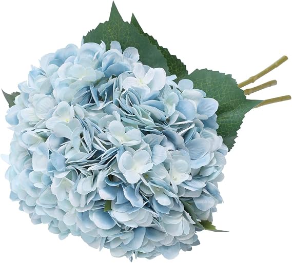 Artificial Blue Hydrangea Flowers, 5Pcs Realistic Silk Single Long Stem