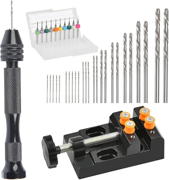 Multifunctional Mini Hand Drill Set with Precise Twist Drill Bits (0.5-3mm & 0.3-1.2mm PCB) and Mini Drill Press Vise for DIY Crafts and Models