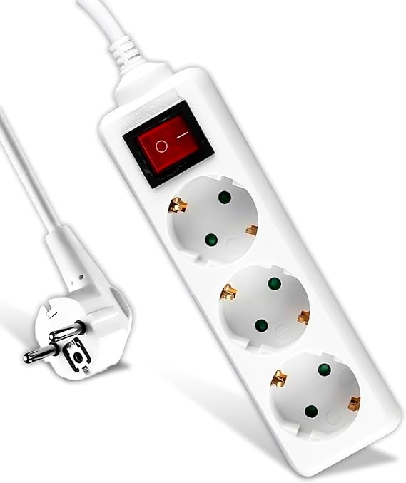 V-TAC 3 Sockets Power Strip with Switch and 1.5 Meter Cable – Multiple Plug 3 Outlets 16A Shuko for Home, Office, Shop, Garage – 250V Compact and Practical
