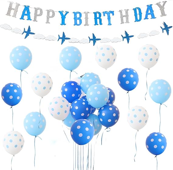 Airplane Birthday Decorations for Boys Blue Airplane Balloons Glitter Happy Birthday Banner Garland for Cloud Plane Theme Party Vintage Plane Baby Shower Decorations Supplies