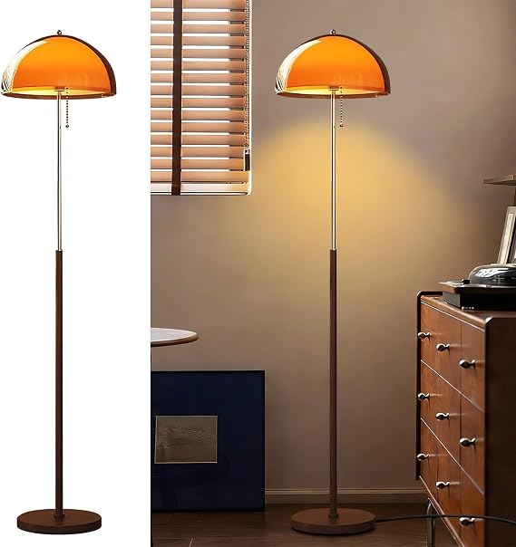 Mushroom Floor Lamp 153CM Orange Floor Lamp Mid Century Globe Acrylic Standing Lamp with E27 3-Color Dimmable MCM Wood Tall Light for Living Room Bedroom Study Dining Room(Includes Bulb) [Energy Class A+++]