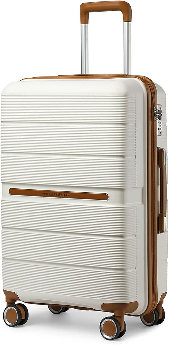 British Traveller Large Suitcase 76cm PP TSA 4 Wheels White