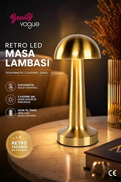 Mantar Lamba, 3 kademeli Işık, USB şarjlı, Şarjlı Dokunmatik LED Lamba, Kablosuz Gece Lambası, Gold masa lambası, mantar model lamba, başucu lambası, dekoratif salon lambası, Otel-Restaurant-Lokanta [Enerji Sınıfı B]