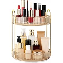 2-Tier Rotating Makeup Organizer, Glass with Gold Posts, 12.5x9 Inch, 360-Degree Spin, Modern Luxury Vanity Storage Display for Cosmetics and Skincare - Amber Gold