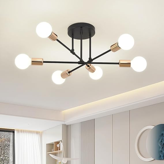 ZYDTRIP Sputnik Chandelier Ceiling Light, 6-Light Ceiling Light for Bedroom,Dining Room,Kitchen,Office, Black and Gold