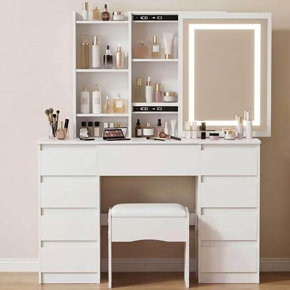 Dressing Table with LED Lighting Mirror, 3 Lighting Modes Adjustable Brightness,Vanity Table,Makeup Desk with 9 Drawers and 3 Storage Shelves, Modern White