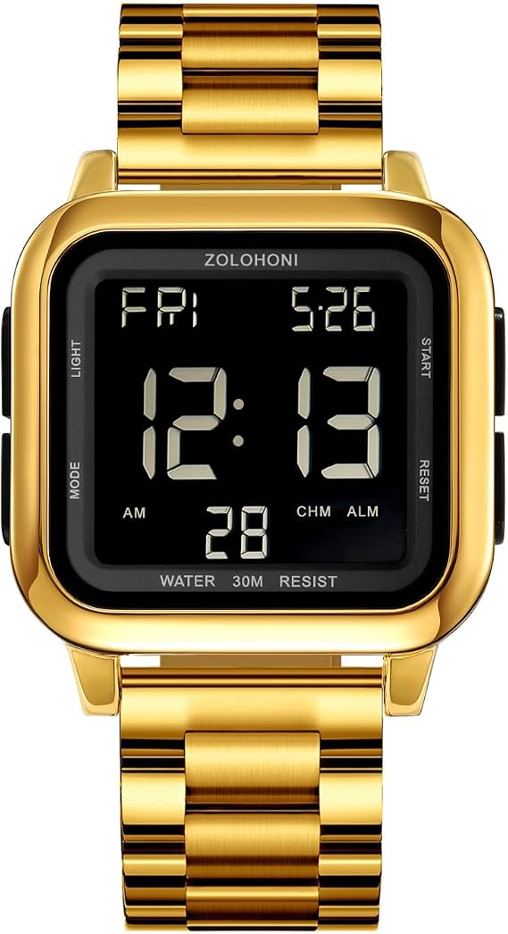 Square Men's Digital Watch Big Numbers Dial Large Face Waterproof LED Watches with Alarm Date Stopwatch