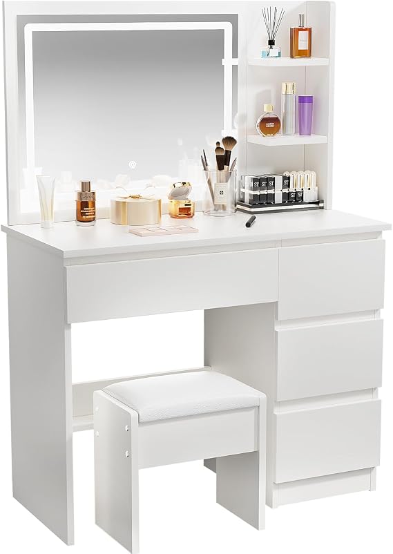 Dressing Table with LED Mirror and Stool，100cm White Vanity Desk