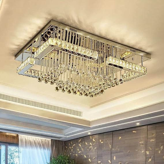 Crystal LED Chandelier Ceiling Light - Smart Remote Control - Square Glass Droplet Ceiling Light for Dining Room Living Room Bedroom Office (Chrome, 60cm) [Energy Class A]