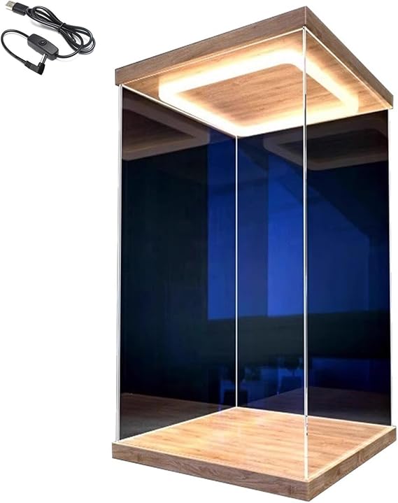 LED Tall Acrylic Display Case with Light Door, PVC Storage Display Boxes for Collectibles, Large Dustproof Showcase with Wood Base, for Dolls Figures(35x35x50cm/14x14x20in)