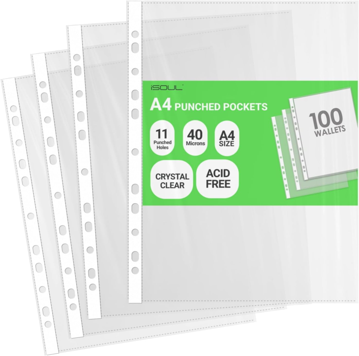 iSOUL A4 Plastic Value Punched Punch Pockets, 11 Hole Heavy Duty File Binder Pockets, 40 Micron Punched Pockets for Documents Folders Filling Plastic Wallets 100 Sleeves