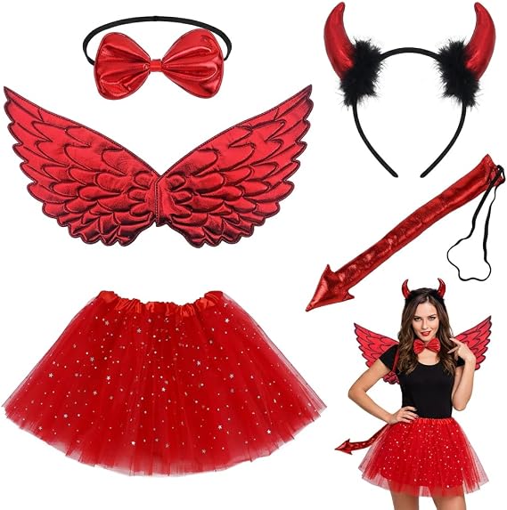 5 Pcs Red Devil Costume For Women, Ladies Devil Outfit with Red Angel Wings, Headband, Bow Tie, Tail, Chiffon Skirt, Halloween Costumes Women Fallen Angel Wings Halloween Fancy Dress Accessories