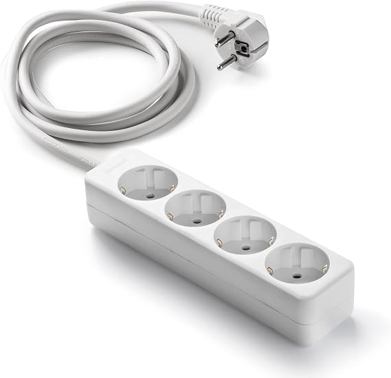 FAMATEL – Power strip 4 sockets | 1.5 meters | up to 3680W | Child protection | Orientation sockets at 45º | Prevents Phantom consumption | White