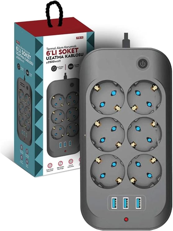 Termal Akım Korumalı Priz Çocuk Korumalı 6'Lı 2 Metre Uzatma Kablosu 6Xpriz 3Xusb Priz