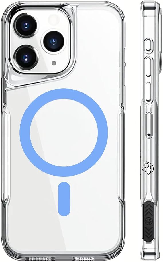 URUCHI iPhone 16 Pro Max İle Uyumlu Mag safe Özellikli Ultra Kristal Kenarları Yumuşak Arkası Sert Tam Koruyuculu Silikon Kılıf (Şeffaf/Açık Mavi, 6.9 İnç)