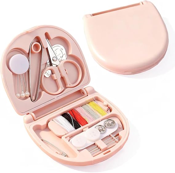 1 Pack Travel Sewing Kit, Portable Mini Sewing Kit with Needles, Threads, Scissors & Repair Tools, Compact Emergency Sewing Set in Pink Case for Home and Travel Use
