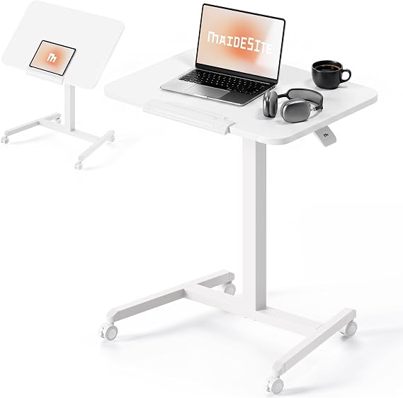 MAIDeSITe Fit Pro Standing Desk Height Adjustable 76-110 cm Mobile Desk with Wheels Pneumatic Laptop Table with Folding Table Top Side Table for Home Office