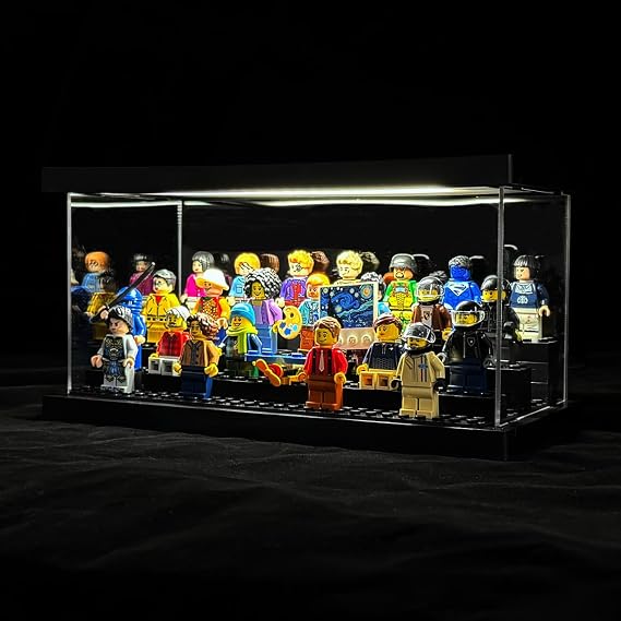 LED Işıklı Minifigür Vitrin - Şeffaf Toz Geçirmez Akrilik Teşhir Kutusu Depolama - Çıkarılabilir ve Serbestçe Monte Edilmiş Tuğla Taban (Şeffaf Akrilik)