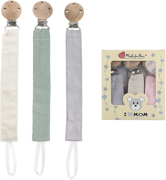 RUBY 3 Pieces Dummy Chain Kit Pacifier Holder, Set of Fabric Pacifier with Natural Beech Wood Clip, Baby Gift