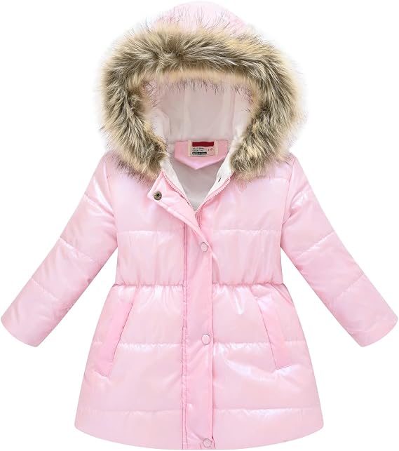 Kids Warm Windproof Hoodie Coat Winter Hooded Jacket Baby Girls Boys Padded Fleece Snowsuit Outerwear with Pockets 2-10T