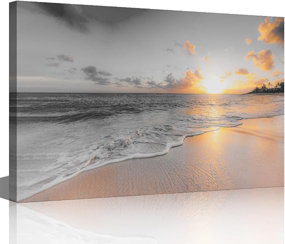 Seascape Canvas Wall Art Black and White Tropical Beach Sunset Picture