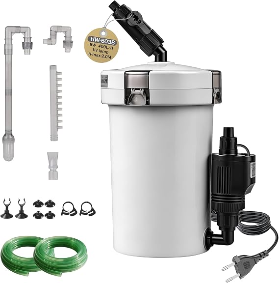 EXLECO External Aquarium Filter 400L/H 6W Fish Tank Filter Adjustable Flow with Filter Material and Hose Aquariums Tube, Aquarium Filter Pump for Fish Tank Less than 300L HW-603B