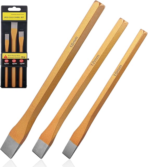 3 Pcs Cold Chisel Set, Bolster Chisel Heavy Duty CRV Steel Metal Chisels for Stonework DIY, Stone Chisels with Hard Bevel, Chizzle Set for Cement Mortar Joinery Carving Masonry Tools 10mm, 12mm, 16mm