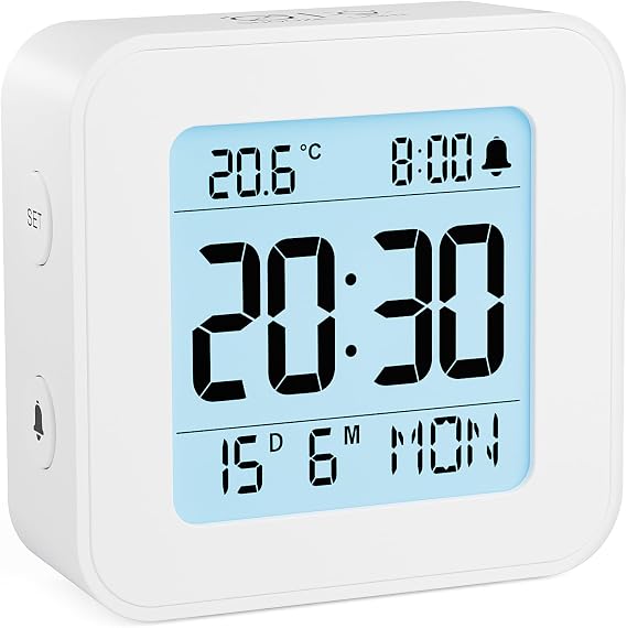LATEC Alarm Clock, Digital Alarm Clock with Temperature, Backlight, 3 Volumes, 12/24H, Calendar, Snooze for Travel and Bedroom (Batteries Included) (White)