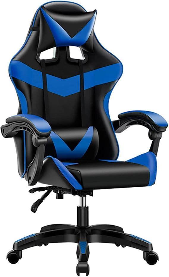 Ergonomic Gaming Chair Style PU Leather Heavy Duty 360 Swivel Racing Desk Adjustable Headrest Lumbar Support,Gold (Blue)