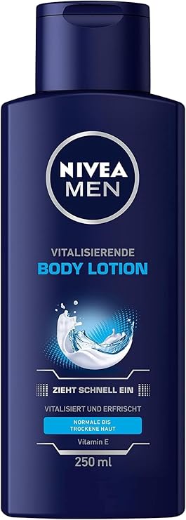NIVEA MEN Revitalising Body Lotion, Revitalising Body Care Moisturises 24+ Hours, Body Lotion with Vitamin E for Intensively Nourished Skin (250 ml)