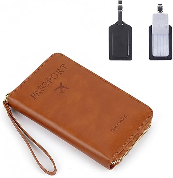 Multi-Functional RFID Passport Holder Travel Wallet RFID Passport Wallet for Women Men Travel Documents Phone Cards with Luggage Tags Retro (Brown)